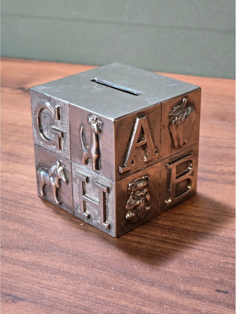 Vintage Godinger Silver Plated ABC Block Bank Baby Alphabet Coin Keeper